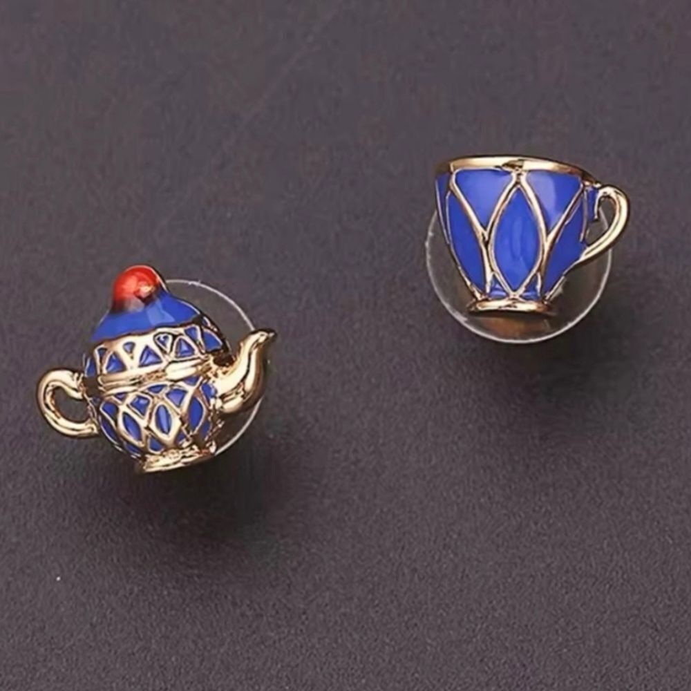 Alice In Wonderland Gold Enameled Blue Teapot & Teacup Stud Earrings